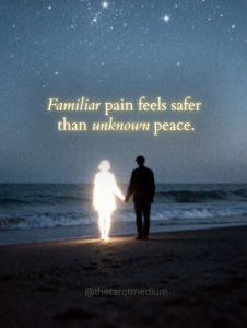 Familiar pain feels safer than unknown peace. Two human silhouettes on a beach at twilight, one made of illumination and one of shadow, representing the unconscious pull toward toxic relationships explored by Chris Bennett, top-rated psychic medium and tarot reader.