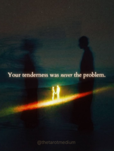 Your tenderness was never the problem. Two illuminated human silhouettes in the center flanked by two shadow silhouettes, symbolizing the childlike hearts of people who can't move on, explored by Chris Bennett, the best psychic medium and tarot reader.