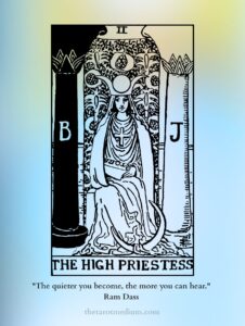 The High Priestess tarot card upright, seated between the black and white pillars with the crescent moon at her feet and the TORA scroll half covered in her lap. You already know. The quiet is where you hear it.