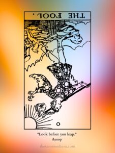 The Fool tarot card reversed meaning background in the card's signature yellow, white, red, and pale blue. Every new beginning starts with a step you cannot see.