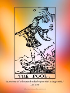 The Fool tarot card upright and reversed meaning background in the card's signature yellow, white, red, and pale blue. Every new beginning starts with a step you cannot see.