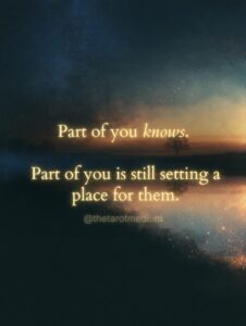 A twilight lake whose golden reflection doesn't match the darkening sky above, with the quote "Part of you knows. Part of you is still setting a place for them." From The Tarot Medium on what happens in your brain when you forget they're gone.