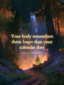 A worn forest path curving into thick fog, with the quote "Your body remembers them longer than your calendar does." From The Tarot Medium on why the reflex to call someone who died keeps firing.