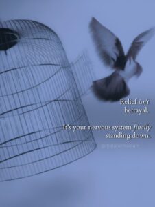 A bird flying free from an open cage, carrying the quote "Relief isn't betrayal. It's your nervous system finally standing down." From The Tarot Medium on feeling relief when someone dies.