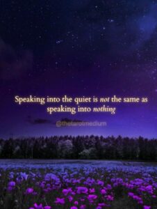 A still midnight lake with a single faint ripple spreading from an unseen source, carrying the quote "Speaking into the quiet is not the same as speaking into nothing." From The Tarot Medium on whether the dead hear you when you talk to them.