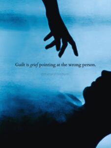 A hand pointing at a human silhouette, carrying the quote "Guilt is grief pointing at the wrong person." From The Tarot Medium on grieving someone who hurt you.