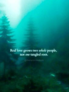 Two trees standing together in a forest, carrying the quote "Real love grows two whole people, not one tangled root." From The Tarot Medium on healthy love vs unhealthy attachment.