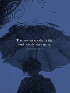 A silhouette holding an umbrella reflected in a rain puddle, carrying the quote "The heaviest weather is the kind nobody else can see." From The Tarot Medium on the invisible weight of grief.