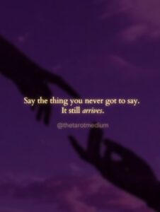 A narrow stream carrying a ribbon of gold light into distant mist across a violet meadow, with the quote "Say the thing you never got to say. It still arrives." From The Tarot Medium on what to say to a loved one who has passed away.
