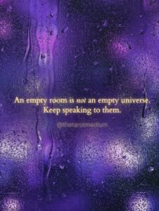 A calm sea beneath heavy violet clouds with one faint gold break near the horizon, carrying the quote "An empty room is not an empty universe. Keep speaking." From The Tarot Medium on why you may not feel your deceased loved one's presence.